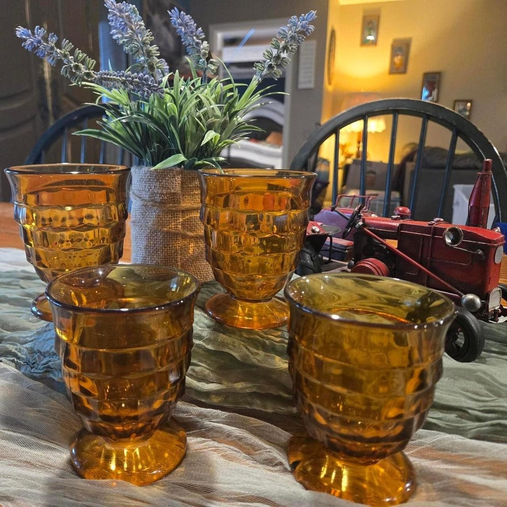 (4) Indiana Glass Amber Whitehall Footed Cubist Juice Glasses 4.25''